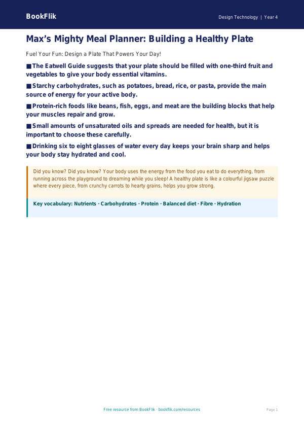 Healthy Meals Poster for Class 4 | Free Design Technology Resource | BookFlik worksheet preview — Design-Technology Healthy Meals