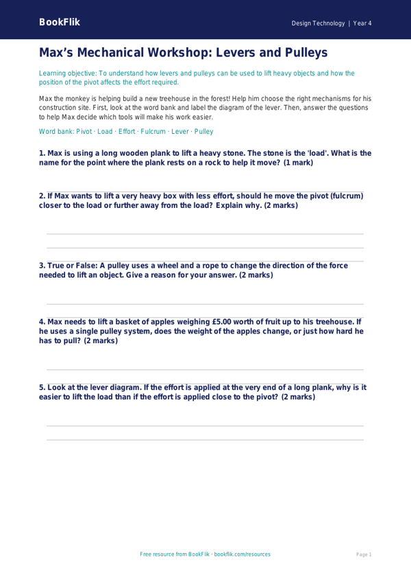 Free Levers And Pulleys Activity Sheet | Class 4 | Design Technology | BookFlik worksheet preview — Design-Technology Levers And Pulleys