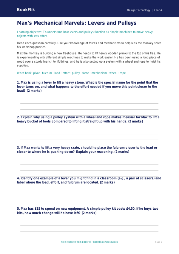 Free Levers And Pulleys Worksheet | Class 4 | Design Technology | BookFlik worksheet preview — Design-Technology Levers And Pulleys