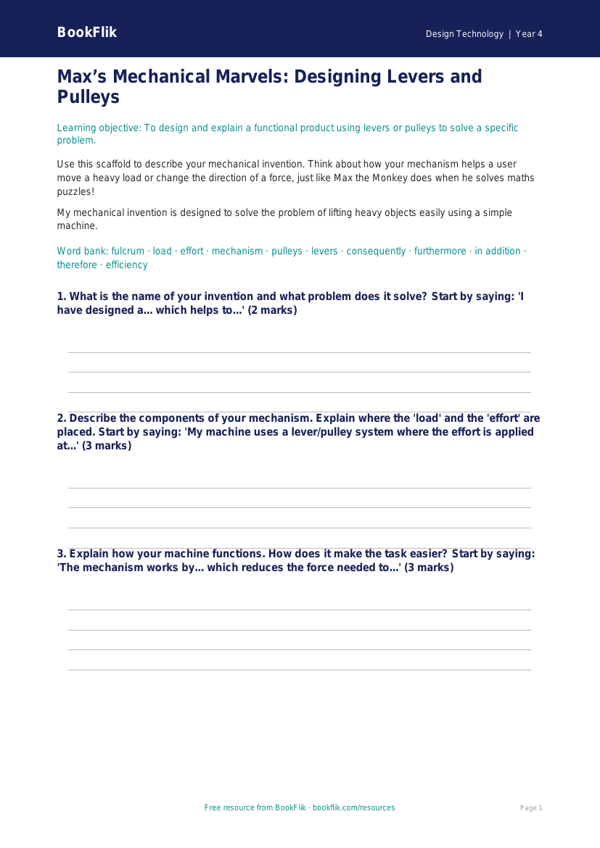Free Levers And Pulleys Writing Frame | Class 4 | Design Technology | BookFlik worksheet preview — Design-Technology Levers And Pulleys