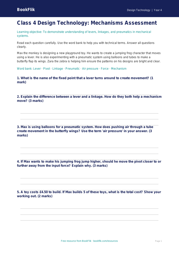 Free Mechanisms Assessment for Class 4 | Design Technology | BookFlik worksheet preview — Design-Technology Mechanisms