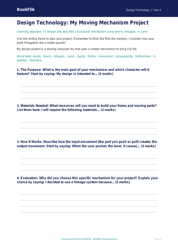 Free Mechanisms Writing Frame for Class 4 | Design Technology | BookFlik worksheet preview — Design-Technology Mechanisms