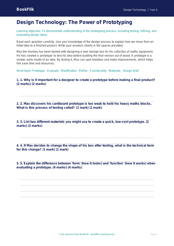 Free Prototyping Assessment | Class 4 | Design Technology | BookFlik worksheet preview — Design-Technology Prototyping
