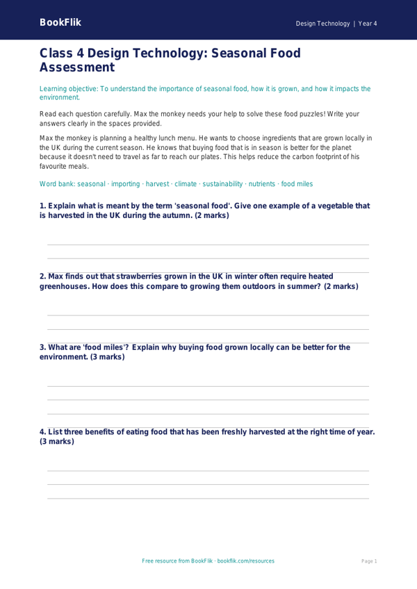 Design Technology seasonal food assessment class 4 core worksheet preview — Design-Technology Seasonal Food