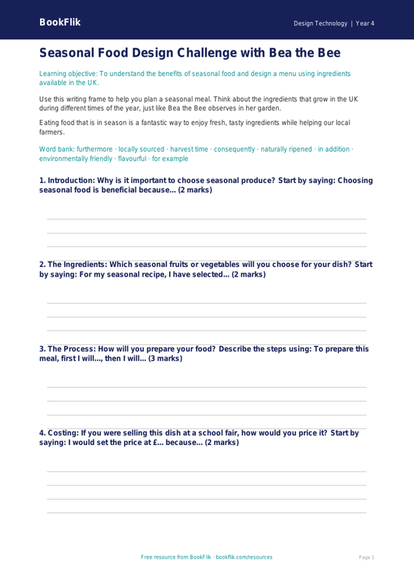 Free Seasonal Food Writing Frame | Class 4 | Design Technology | BookFlik worksheet preview — Design-Technology Seasonal Food