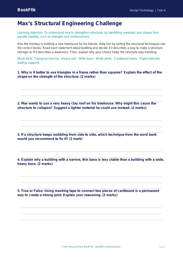 Free Structures Activity Sheet for Class 4 Design Technology | BookFlik worksheet preview — Design-Technology Structures