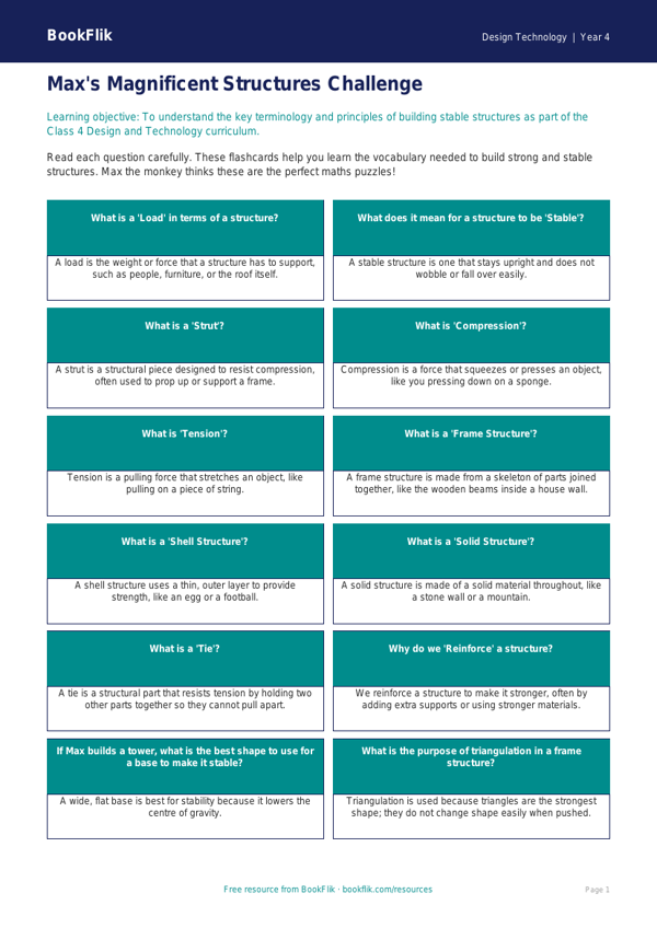Free Structures Flashcards | Class 4 | Design Technology | BookFlik worksheet preview — Design-Technology Structures
