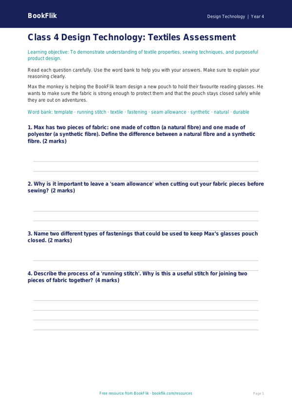Free Textiles Assessment for Class 4 | Design Technology | BookFlik worksheet preview — Design-Technology Textiles