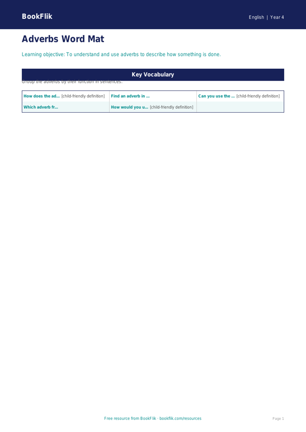 Free Adverbs Word Mat | Class 4 | English | BookFlik worksheet preview — English Adverbs