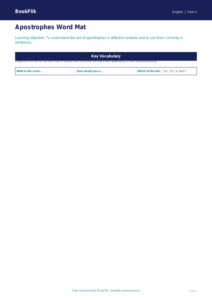 Free Apostrophes Word Mat | Class 4 | English | BookFlik