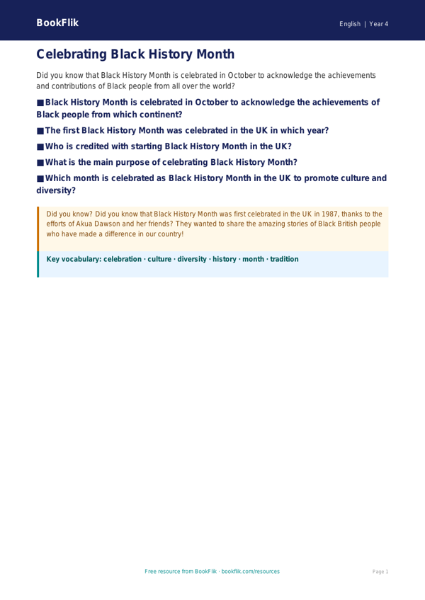 English black history month poster class 4 core worksheet preview — English Black History Month