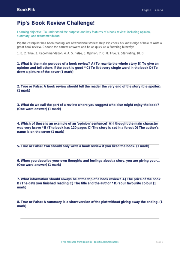 English book review quiz class 4 core worksheet preview — English Book Review