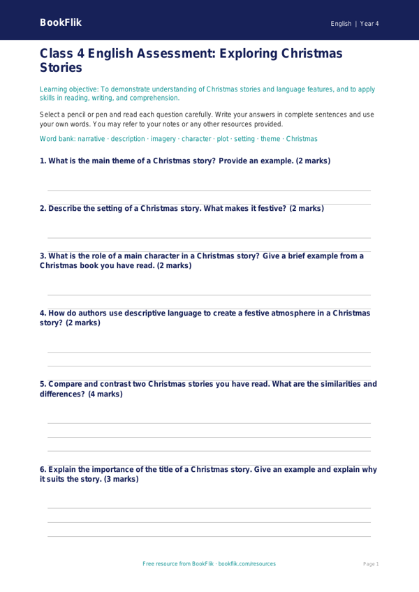 Free Christmas Story Assessment | Class 4 | English | BookFlik worksheet preview — English Christmas Story
