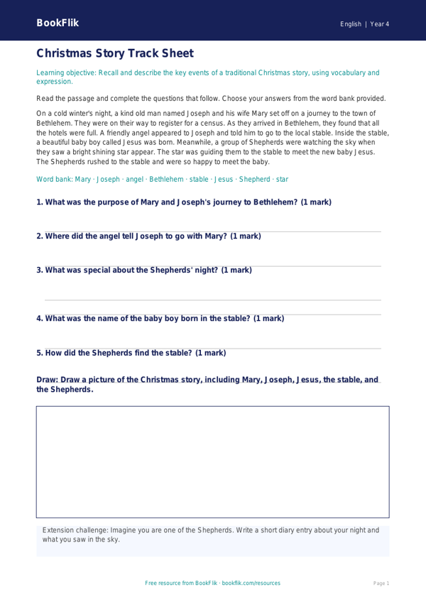 Free Christmas Story Track Sheet | Class 4 | English | BookFlik worksheet preview — English Christmas Story