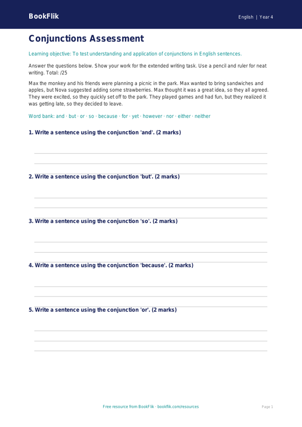 Free Conjunctions Assessment for Class 4 English | BookFlik worksheet preview — English Conjunctions