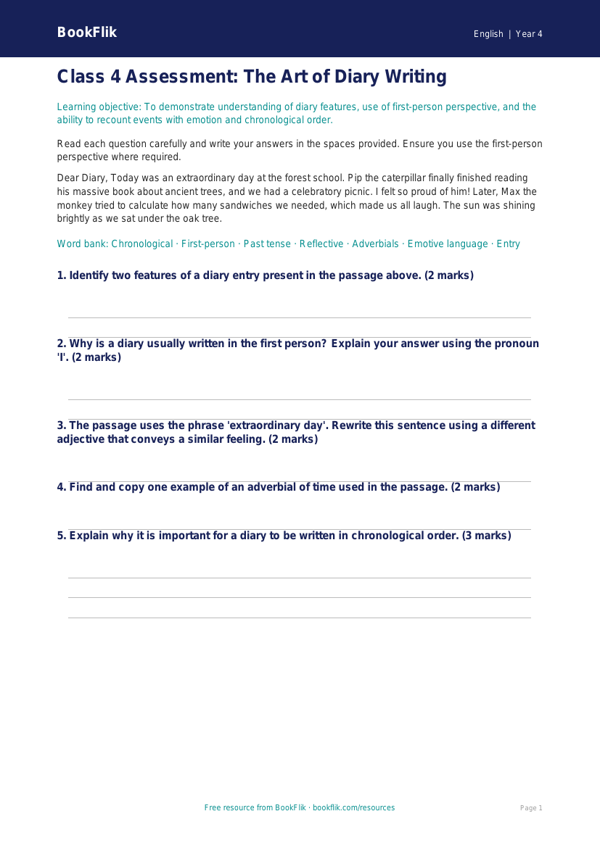 English diary writing assessment class 4 core worksheet preview — English Diary Writing