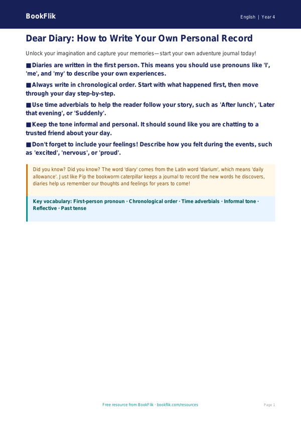 Free Diary Writing Poster | Class 4 | English | BookFlik worksheet preview — English Diary Writing