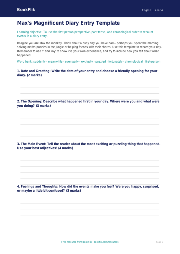 Free Diary Writing Template | Class 4 | English | BookFlik worksheet preview — English Diary Writing
