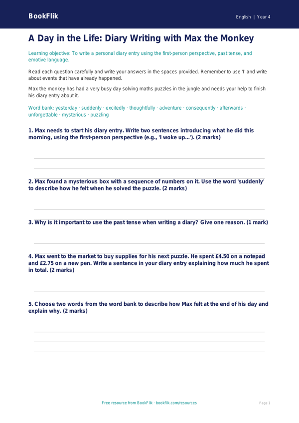 English diary writing worksheet class 4 core worksheet preview — English Diary Writing