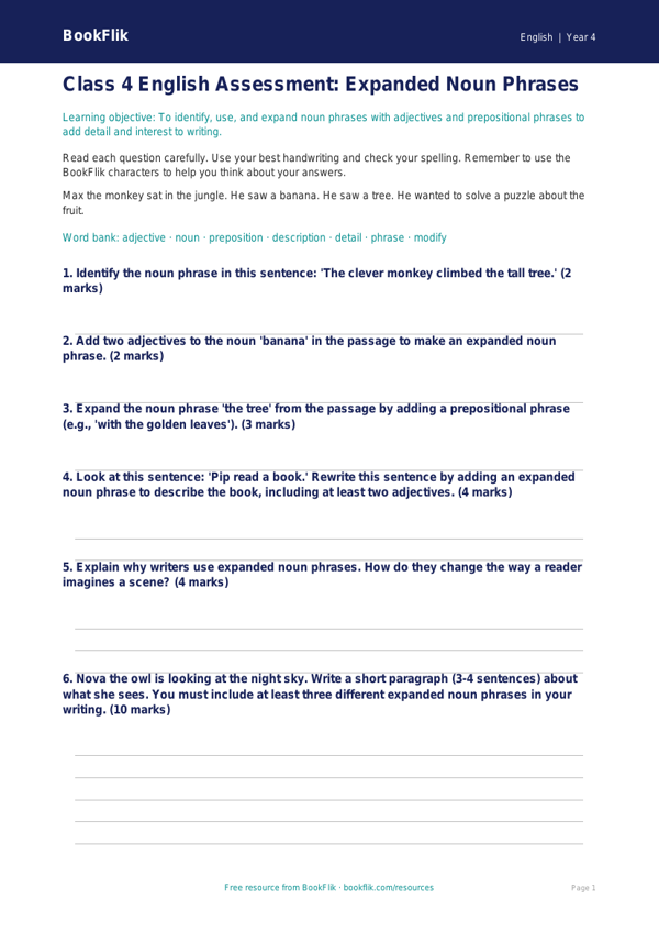 Free Expanded Noun Phrases Assessment | Class 4 | English | BookFlik worksheet preview — English Expanded Noun Phrases
