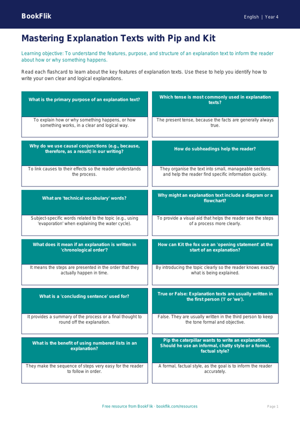 Free Explanation Texts Flashcards | Class 4 | English | BookFlik worksheet preview — English Explanation Texts