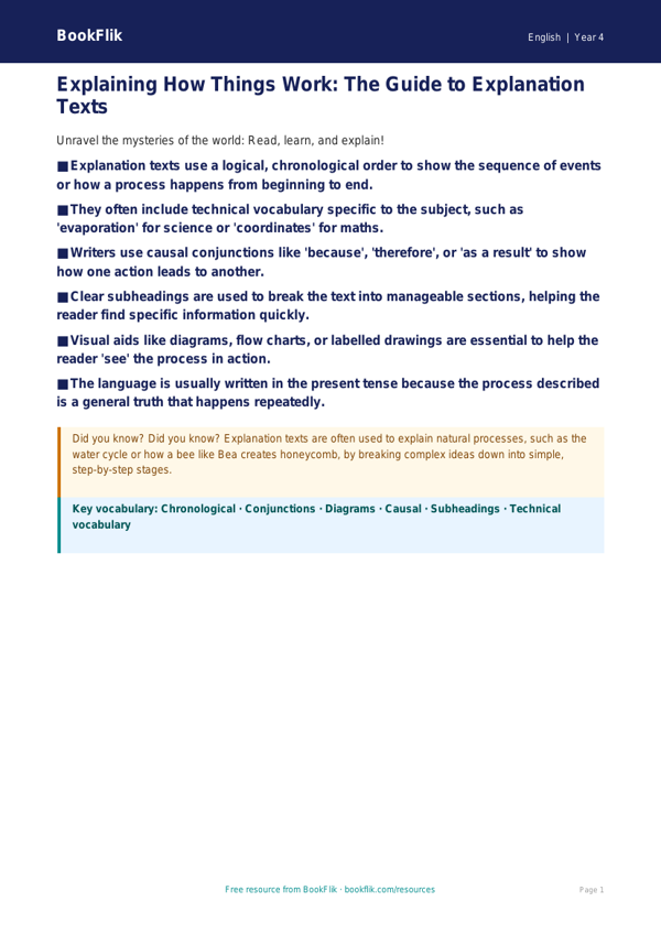 English explanation texts poster class 4 core worksheet preview — English Explanation Texts