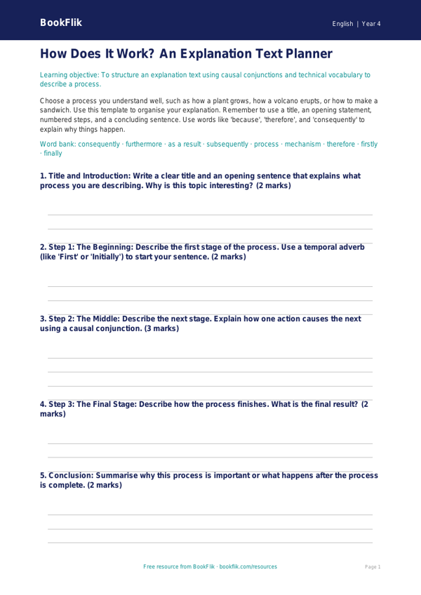 Free Explanation Texts Template | Class 4 | English | BookFlik worksheet preview — English Explanation Texts
