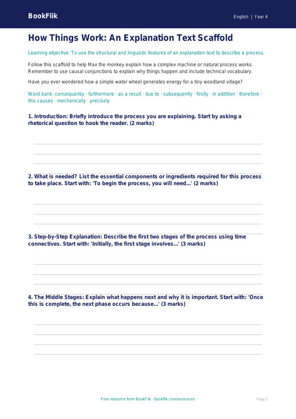 Free Explanation Texts Writing Frame | Class 4 | English | BookFlik worksheet preview — English Explanation Texts
