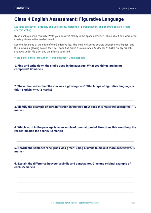 English figurative language assessment class 4 core worksheet preview — English Figurative Language