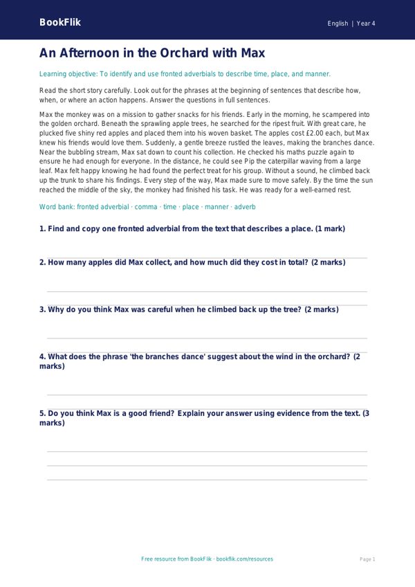 Free Fronted Adverbials Comprehension | Class 4 | English | BookFlik worksheet preview — English Fronted Adverbials