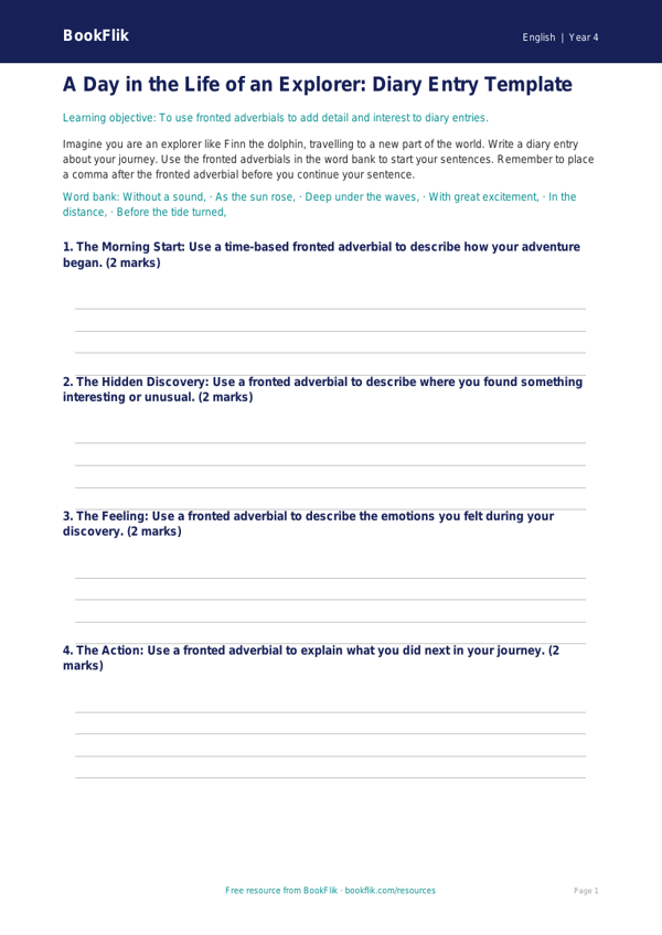 Free Fronted Adverbials Template | Class 4 | English | BookFlik worksheet preview — English Fronted Adverbials