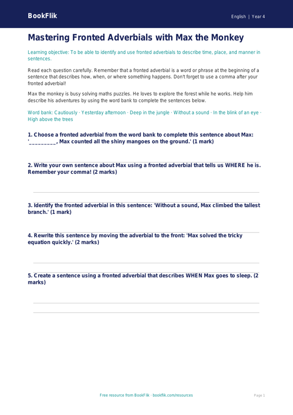 Free Fronted Adverbials Worksheet | Class 4 | English | BookFlik worksheet preview — English Fronted Adverbials