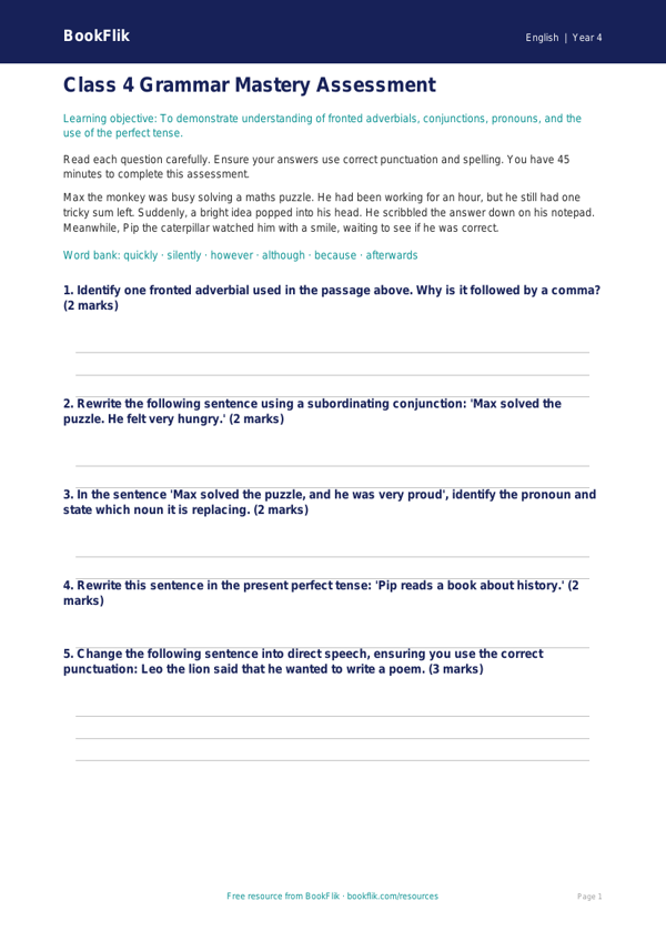 Free Grammar Assessment for Class 4 Students | English | BookFlik worksheet preview — English Grammar
