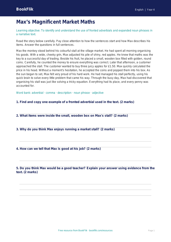 Free Grammar Comprehension for Class 4 Students | BookFlik worksheet preview — English Grammar