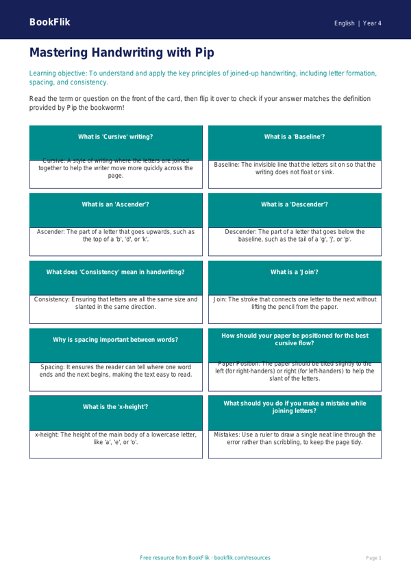 Free Handwriting Flashcards for Class 4 Students | BookFlik worksheet preview — English Handwriting