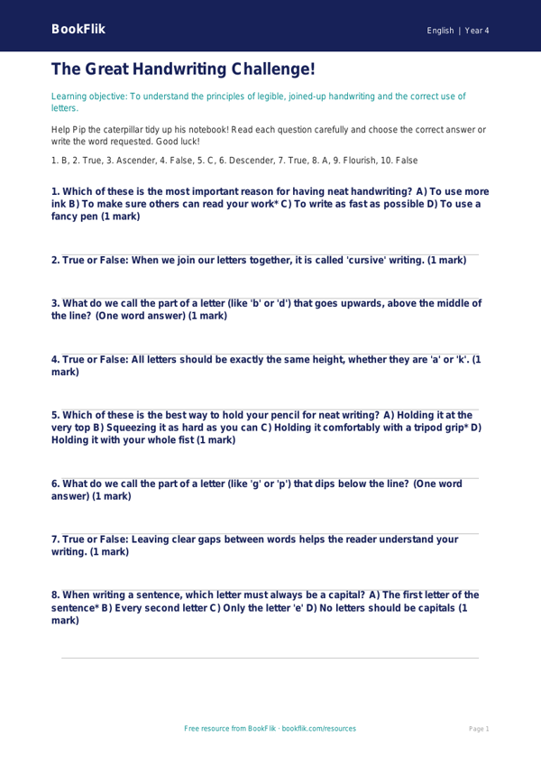 Free Handwriting Quiz | Class 4 | English | BookFlik worksheet preview — English Handwriting