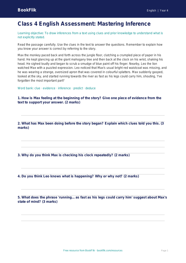 Free Inference Assessment | Class 4 | English | BookFlik worksheet preview — English Inference