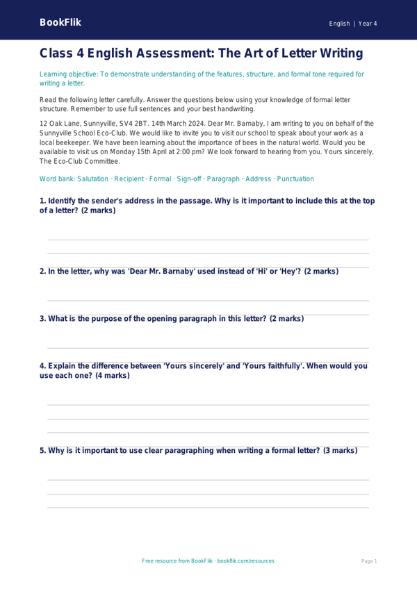 Free Letter Writing Assessment | Class 4 | English | BookFlik worksheet preview — English Letter Writing
