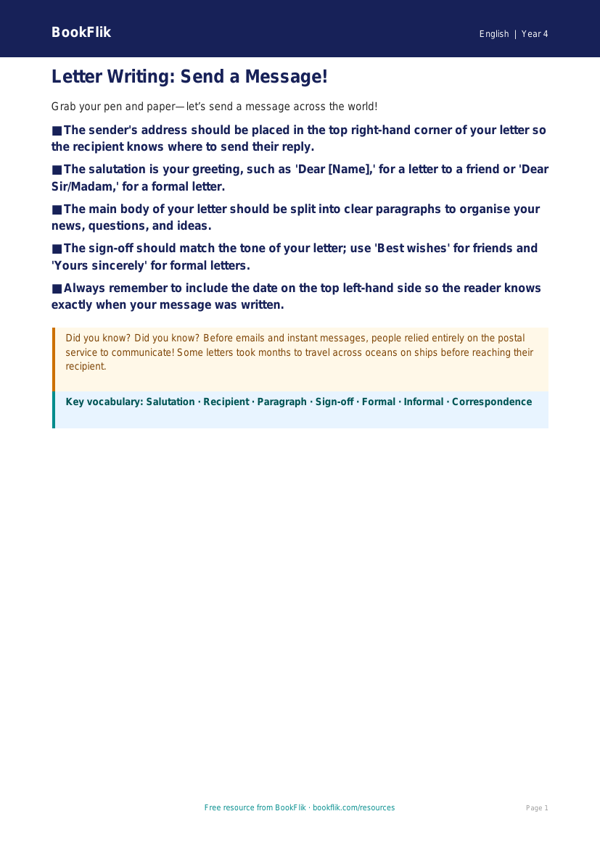 Free Letter Writing Poster | Class 4 | English | BookFlik worksheet preview — English Letter Writing