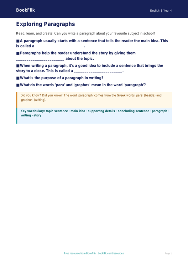 Free Paragraphs Poster | Class 4 | English | BookFlik worksheet preview — English Paragraphs