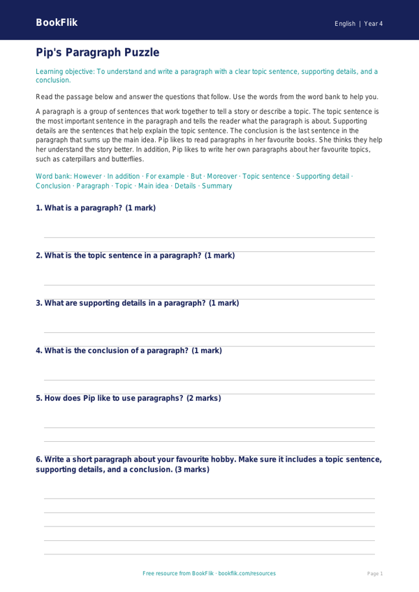 Free Paragraphs Track Sheet | Class 4 | English | BookFlik worksheet preview — English Paragraphs