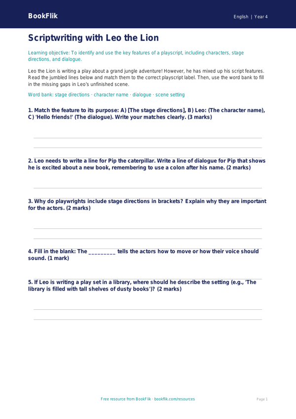 Free Playscripts Activity Sheet | Class 4 | English | BookFlik worksheet preview — English Playscripts