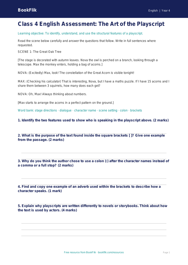 Free Playscripts Assessment | Class 4 | English | BookFlik worksheet preview — English Playscripts