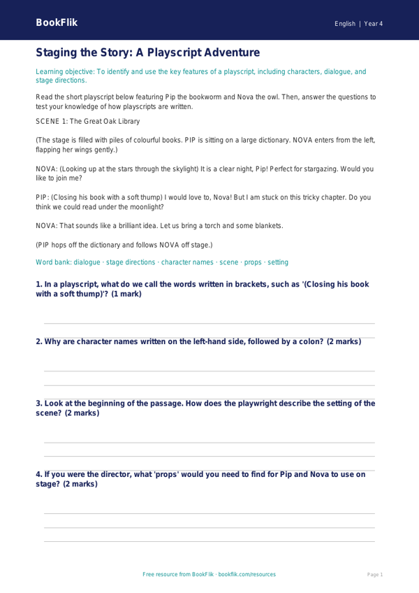 Free Playscripts Track Sheet | Class 4 | English | BookFlik worksheet preview — English Playscripts