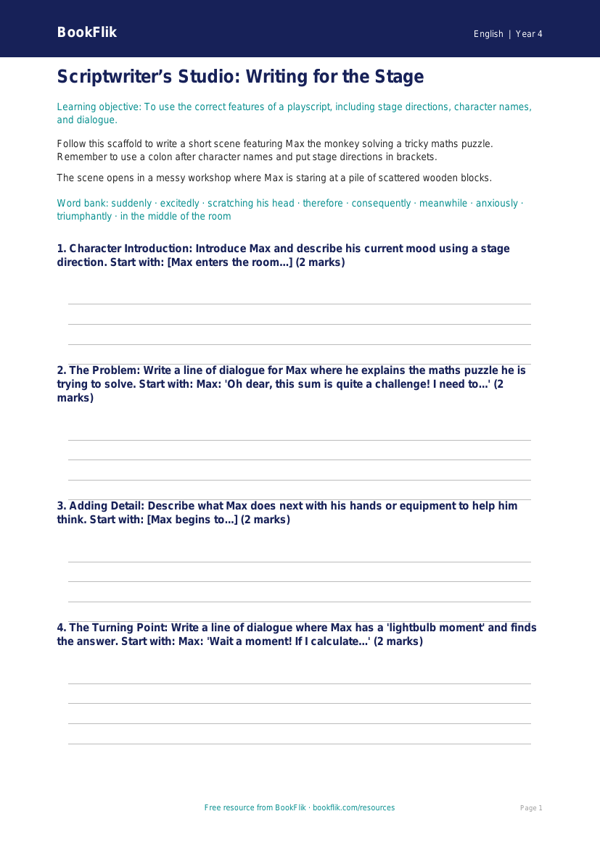 Free Playscripts Writing Frame | Class 4 | English | BookFlik worksheet preview — English Playscripts