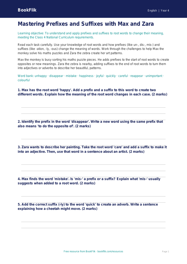 Free Prefixes And Suffixes Worksheet | Class 4 | English | BookFlik worksheet preview — English Prefixes And Suffixes