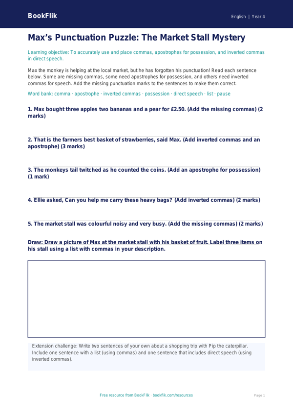 Free Punctuation Activity Sheet for Class 4 Students | BookFlik worksheet preview — English Punctuation