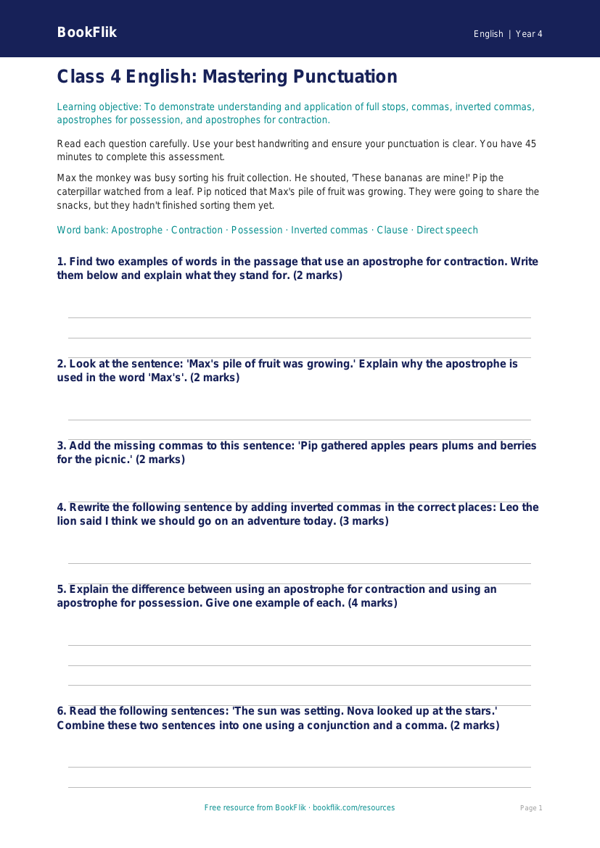 Free Punctuation Assessment for Class 4 Students | BookFlik worksheet preview — English Punctuation