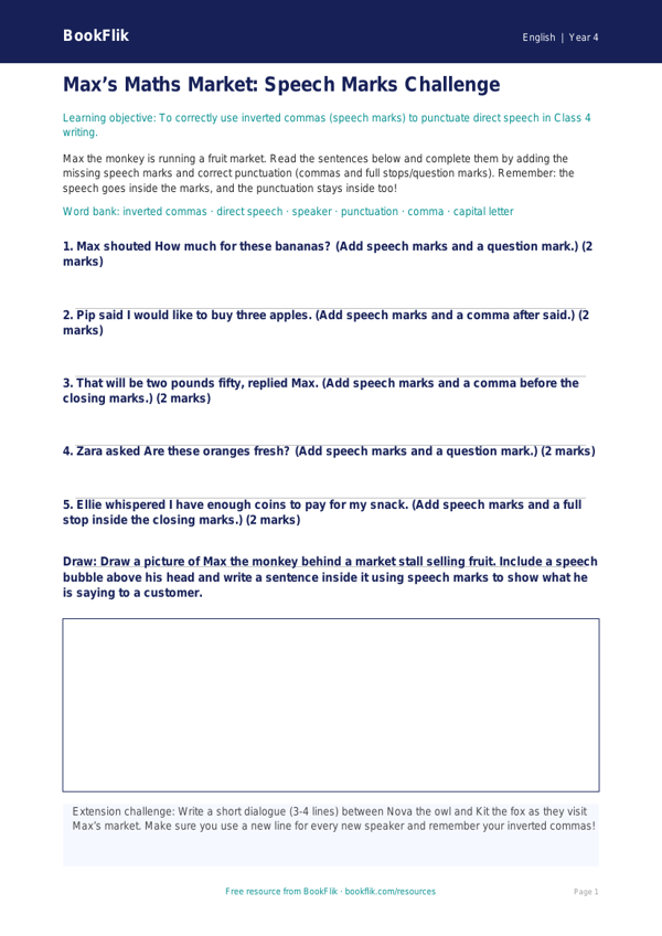 Free Speech Marks Activity Sheet | Class 4 | English | BookFlik worksheet preview — English Speech Marks
