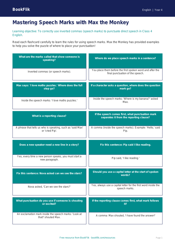 English speech marks flashcards class 4 core worksheet preview — English Speech Marks